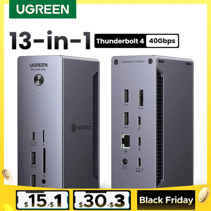 UGREEN Thunderbolt 4 Dock ជាមួយ EU Adapter 13-in-1 40Gbps Docking Station Dual 4K60Hz Single 8K30Hz 2.5G Ethernet សម្រាប់ Laptop Mac