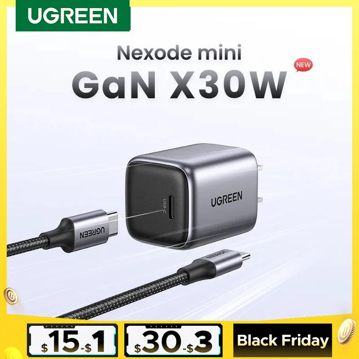 UGREEN GaN 30W Fast Charger ជាមួយនឹងខ្សែ 1m 100W សម្រាប់ iPhone 15 14 13 PD3.0 ឆ្នាំងសាកសម្រាប់ iPad Pro Samsung Xiaomi USB C Phone Charger