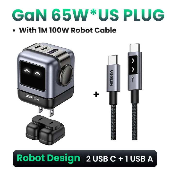 【US Plug】 UGREEN Uno 100W GaN Charger Robot Design QC4.0 3.0 PPS សម្រាប់ iPhone 16 15 14 Pro Macbook Laptops Tablet PD3.0 Fast Charge