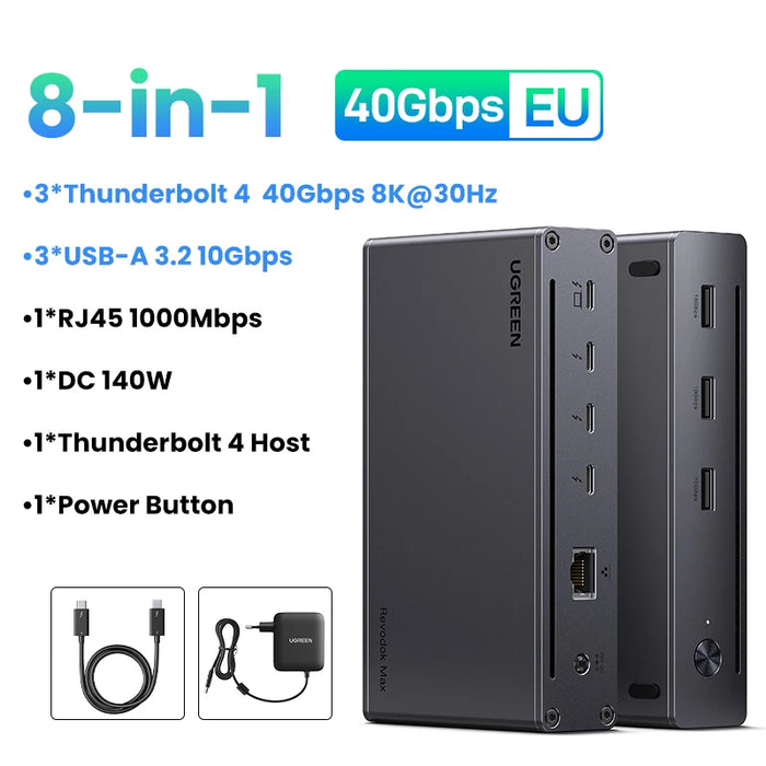 UGREEN 8-in-1 Docking Station 8K30Hz Thunderbolt 4 40Gbps Dock USB3.2 Gen2 10Gbps with EU Adapter for MacBook Laptops PC Revodok