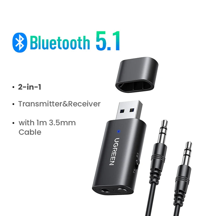 UGREEN 2 in 1 Bluetooth Car Adapter Bluetooth 5.1 Stereo Transmitter Receiver Wireless 3.5mm Aux Jack Adapter Car Kit Mic