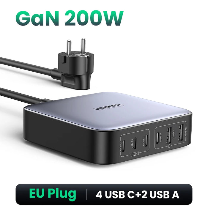 UGREEN 200W GaN Charger Desktop Laptop Fast Charger 6 in 1 Adapter For iPhone 16 15 Pro Xiaomi Samsung Tablets Macbook Charger