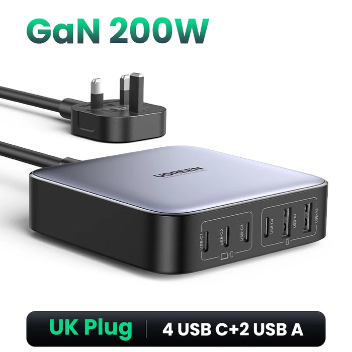 UGREEN 200W GaN Charger Desktop Laptop Fast Charger 6 in 1 Adapter For iPhone 16 15 Pro Xiaomi Samsung Tablets Macbook Charger