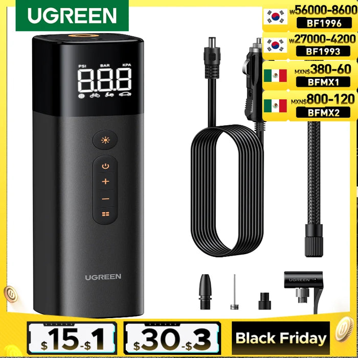 UGREEN Car Air Pump ម៉ាស៊ីនបង្ហាប់ខ្យល់ចល័តសម្រាប់ម៉ូតូឡាន កង់ឡាន ធុងខ្យល់ជាមួយអេក្រង់ LCD Digital