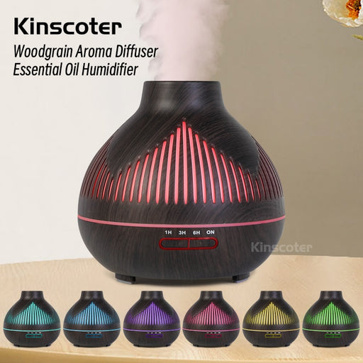 400ml Aromatherapy Essential Oil Diffuser Wood Grain Remote Control Ultrasonic Air Humidifier Cool with 7 Color LED Light Dark Wood Grain