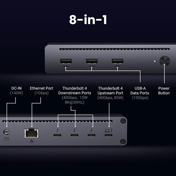 UGREEN 8-in-1 Docking Station 8K30Hz Thunderbolt 4 40Gbps Dock USB3.2 Gen2 10Gbps with EU Adapter for MacBook Laptops PC Revodok