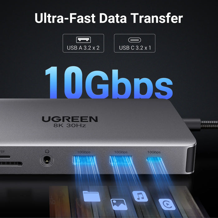 UGREEN USB C HUB 8K30Hz 4K60Hz USB C ទៅ 2xHDMI 2.1 RJ45 អាដាប់ទ័រ USB 3.0 PD សម្រាប់ Macbook iPad M2 M1 PC Accessories USB C Splitter