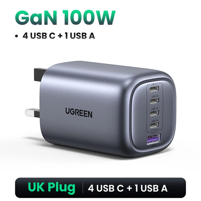 UGREEN 100W GaN Charger 5 Ports USB C Charger QC4.0 3.0 PPS សម្រាប់ Macbook Air Laptop Tablet ឧបករណ៍សាក PDFast សម្រាប់ iPhone 16 15 14 Pro