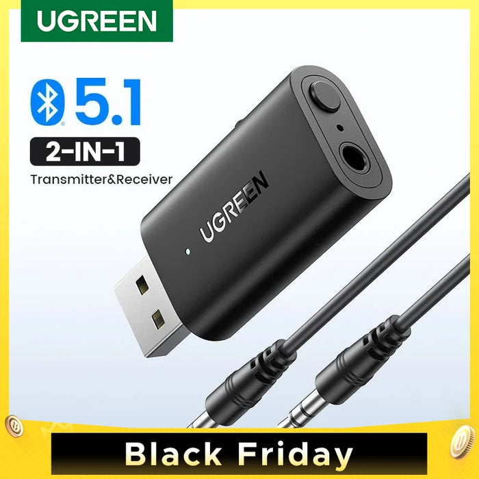 UGREEN 2 in 1 អាដាប់ទ័ររថយន្តប៊្លូធូស ប៊្លូធូស 5.1 ឧបករណ៍បញ្ជូនស្តេរ៉េអូ អ្នកទទួលឥតខ្សែ 3.5mm Aux Jack Adapter Car Kit Mic