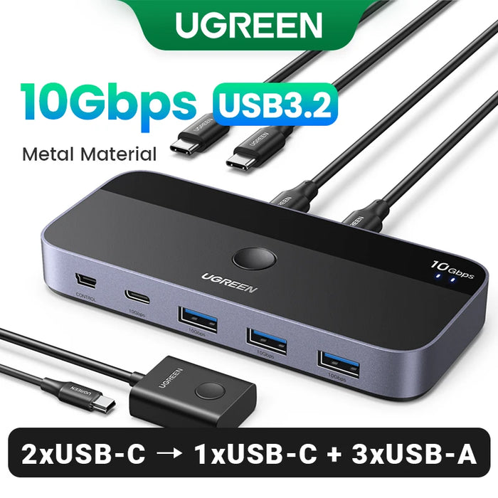 UGREEN 10Gbps USB C Switch USB C 3.2 Switcher for PC Keyboard, Mouse, Printer and Scanner 2 PCs Sharing 4 Devices USB Switch