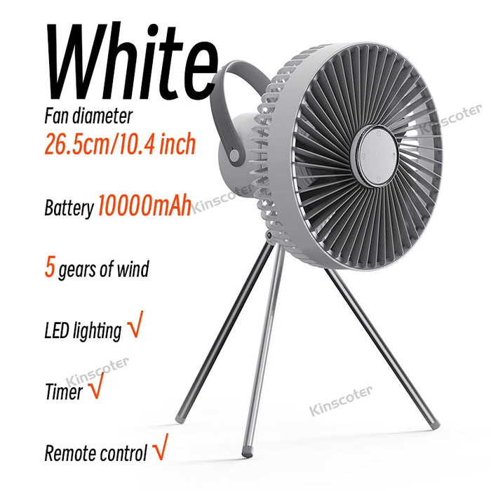 10inch Multifunctional Outdoor Camping Fan 10000mah Rechargeable Tent Ceiling Circulator Fans Fishing Floor Fan Remote Control White