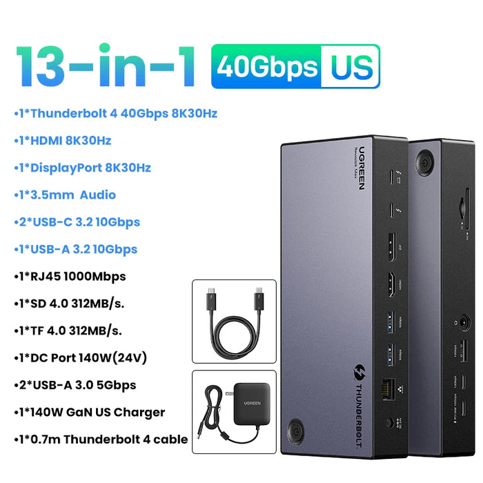 UGREEN Thunderbolt4 Docking Station 13-in-1 40Gbps Triple 4K 60Hz Single 8K 30Hz ជាមួយ HDMI DP RJ45 SD&amp;TF 4.0 សម្រាប់ MacBook Laptop