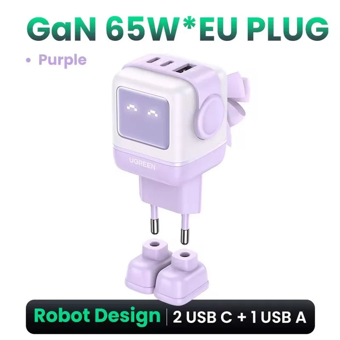 ថ្មី!UGREEN 65W GaN Charger Robot Design Quick Charge 4.0 3.0 PPS PD Fast Charger for iPhone 16 15 14 Pro Macbook Laptop Tablet