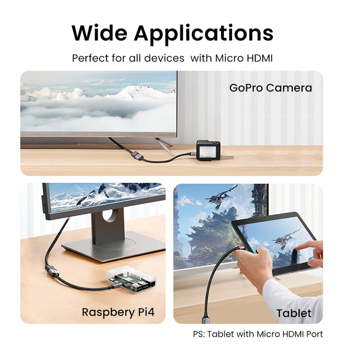 UGREEN Micro HDMI-Compatible to HDMI-Compatible Adapter 4K/60Hz 3D for GoPro Hero 7 Raspberry Pi 4 Sony Nikon Braided Cable 4K