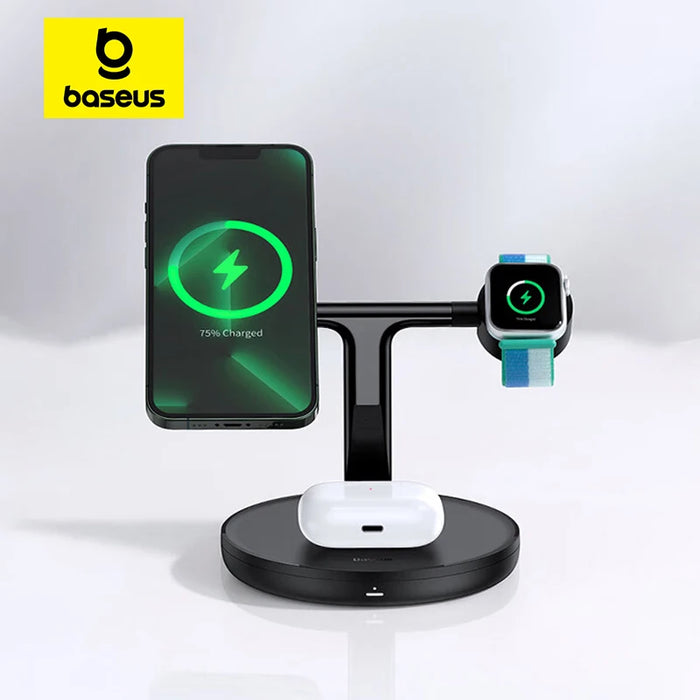 Baseus 3 in 1 20W Magnetic Wireless Charger Stand For iPhone 16 15 14 Pro Airpods Apple Watch Phone Fast Charging Station Holder