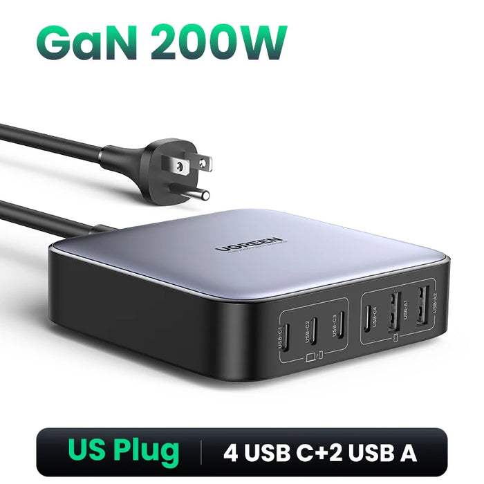 UGREEN 200W GaN Charger Desktop Laptop Fast Charger 6 in 1 Adapter For iPhone 16 15 Pro Xiaomi Samsung Tablets Macbook Charger