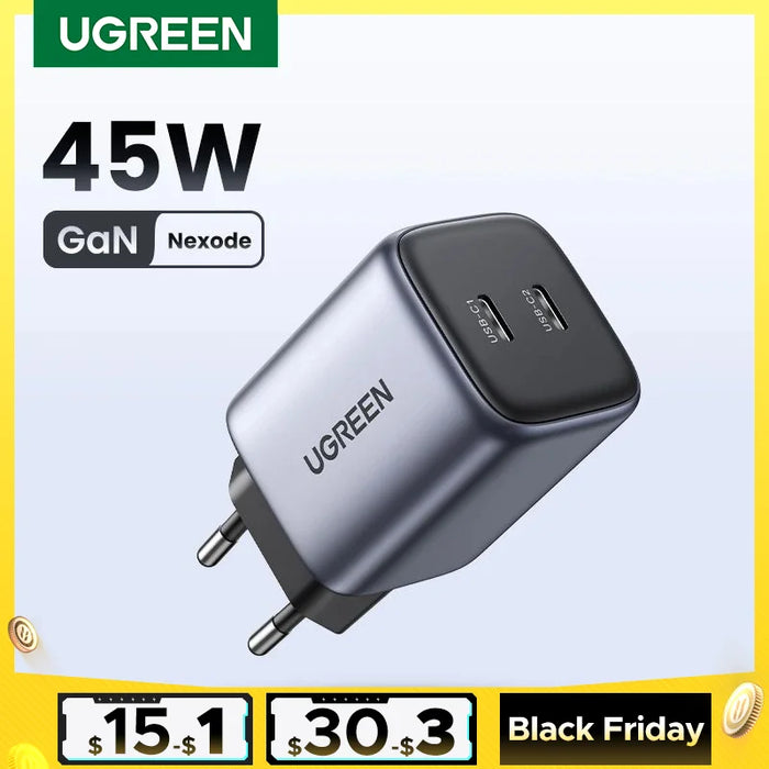 UGREEN GaN 45W USB Charger PD QC 3.0 Fast Charger Quick Charger សម្រាប់ iPhone 16 15 14 Pro ឆ្នាំងសាកទូរស័ព្ទសម្រាប់ Samsung S24 S23