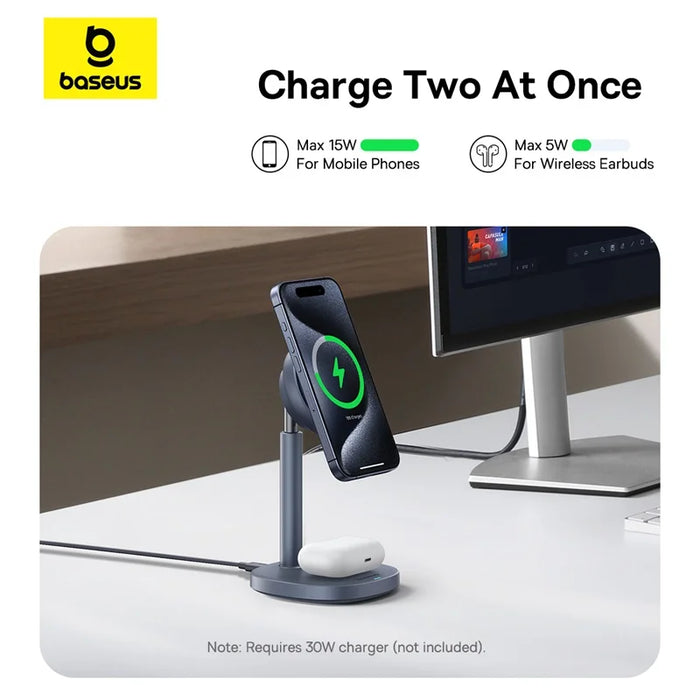 Baseus Qi2 15W Magnetic Wireless Charger 20W 2-in-1 Phone Earphone Wireless Charging Stand For iPhone 12 13 14 15  AirPods Pro