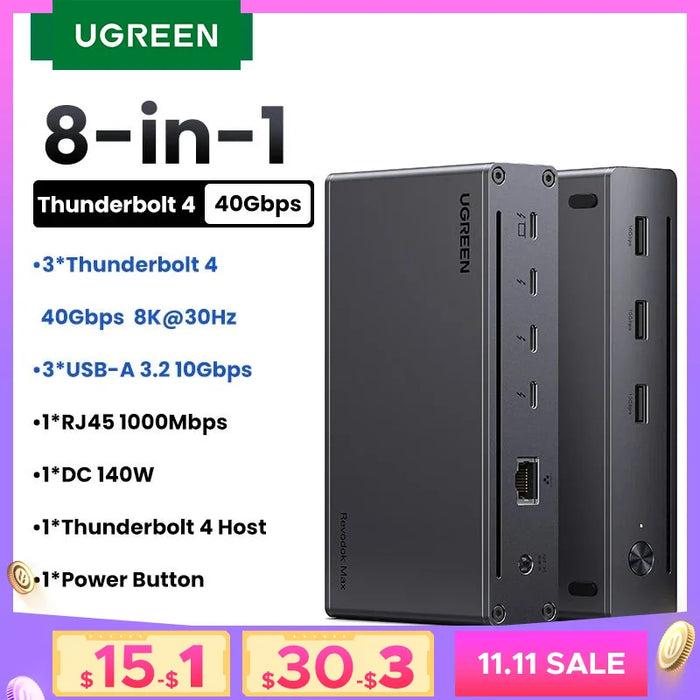 UGREEN Thunderbolt4 Docking Station 8-in-1 40Gbps HUB ជាមួយ 3xThunderbolt 4 Dual 4K60Hz Single 8K30Hz 1000Mbps សម្រាប់ MacBook Laptop