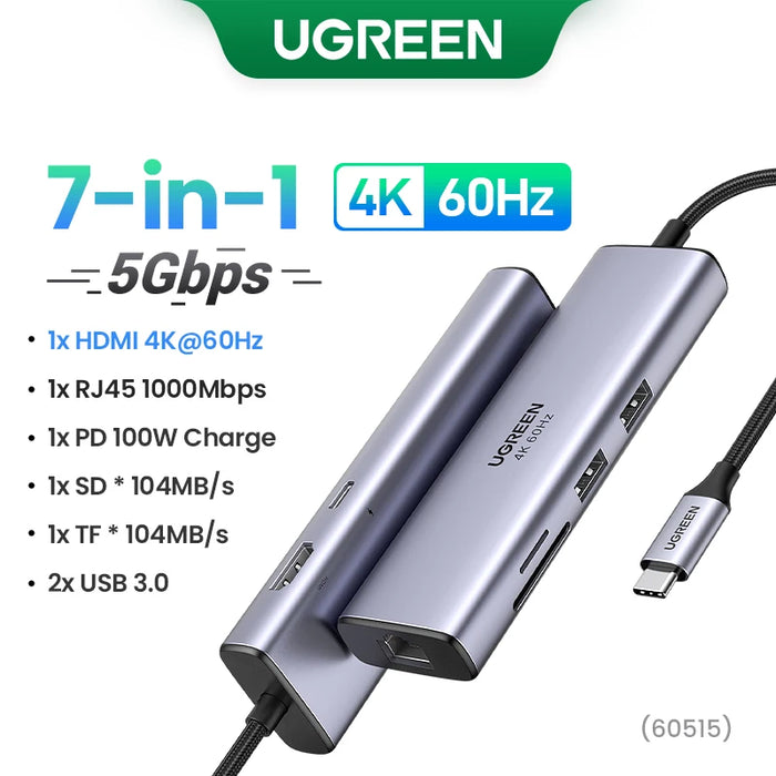 UGREEN Revodok 7 in 1 USB C Splitter Gigabit Ethernet Adapter 4K@60Hz HDMI 100W PD Charging USB A Data Ports SD/TF Card Reader