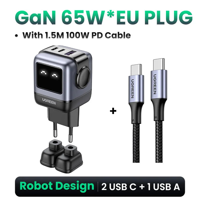 UGREEN 65W GaN Charger Robot Design Quick Charge 4.0 3.0 PPS For Macbook Laptop Tablet iPhone 16 15 14 Pro PD Fast USB Charger