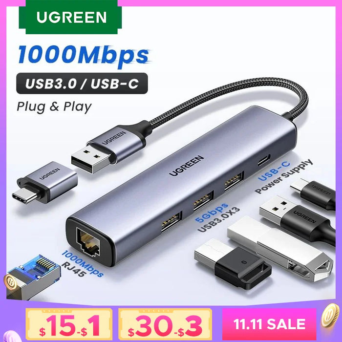 UGREEN USB Ethernet Adapter 1000/100Mbps USB3.0 HUB RJ45 Lan for Laptop PC Xiaomi Mi Box Macbook Windows USB-C HUB Network Card