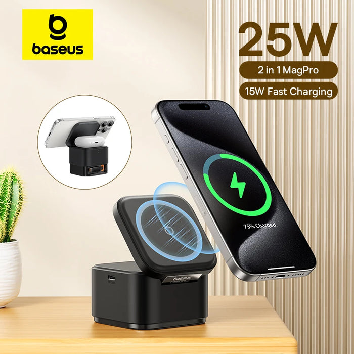 Baseus 2 in 1 25W Magnetic Wireless Charger Stand 15W Fast Wireless Charging Desktop Dock Station For iPhone16 15 14 13 Airpod