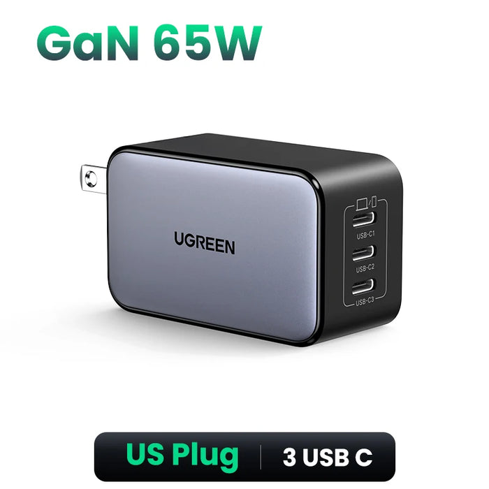 UGREEN 65W GaN Charger 4 Ports USB C Fast Charger Quick Charge 3.0 PD 3.0 សម្រាប់កុំព្យូទ័រ Macbook Air Laptops Tablet iPhone 16 15 14 Pro Max