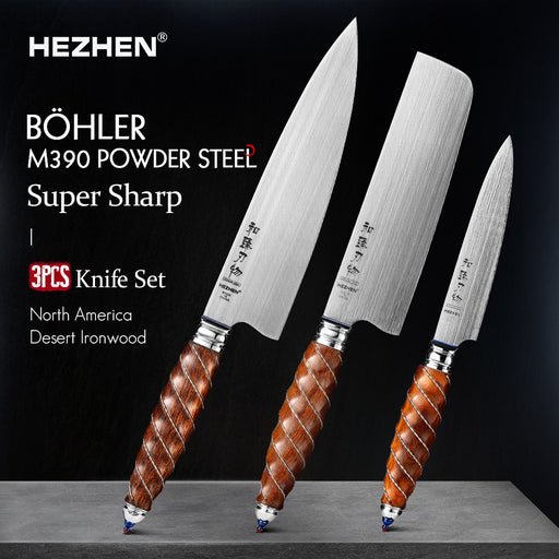 HEZHEN 1-3PC Kitchen Knife Set BÖHLER M390 Powder Steel Chef Nakiri Utility North America Desert Ironwood Handle Gift Box