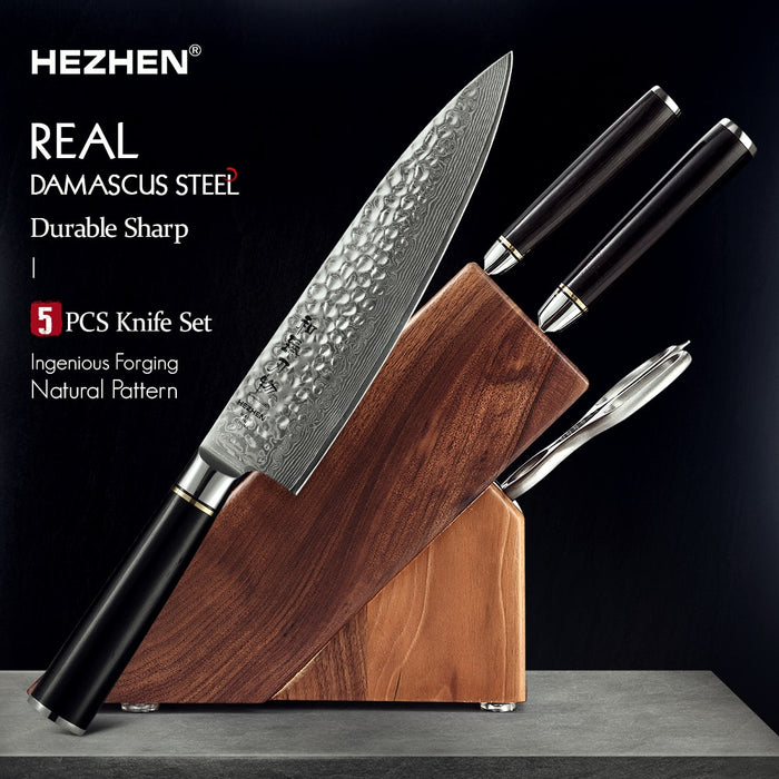 HEZHEN 5PC Knife Set 67 Layer Damascus Steel Chef Santoku Utility With Wodden Knife Holder Walnut Shears Default Title