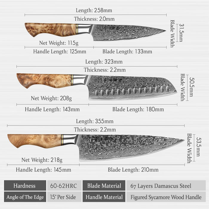 HEZHEN 3PC Knife Set Professional Damascus Steel Utility Santoku Chef Knife For Meat Japanese Cook Kitchen Knife