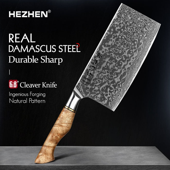 HEZHEN 6.8 inch Cleaver Knife Real Layer Damascus Super Steel For Meat Fish Cook Knife Sharp Blade Beautiful gift Kitchen Knife Default Title