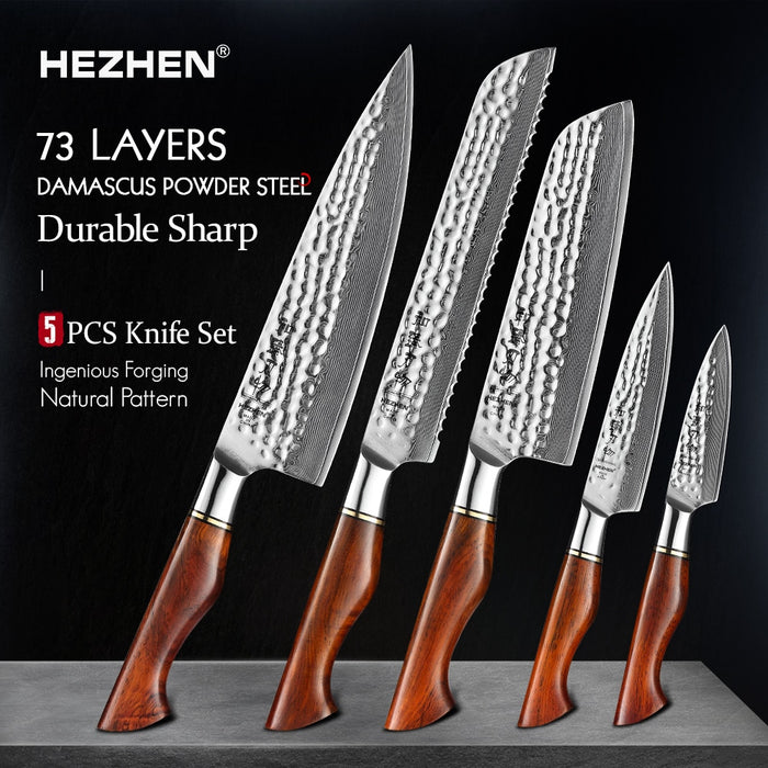 HEZHEN 1-5PC Kitchen Knife Set Slicing 73-Layer Powder Damascus Steel Rosewood Handle Chef Santoku Nakiri Utility knives