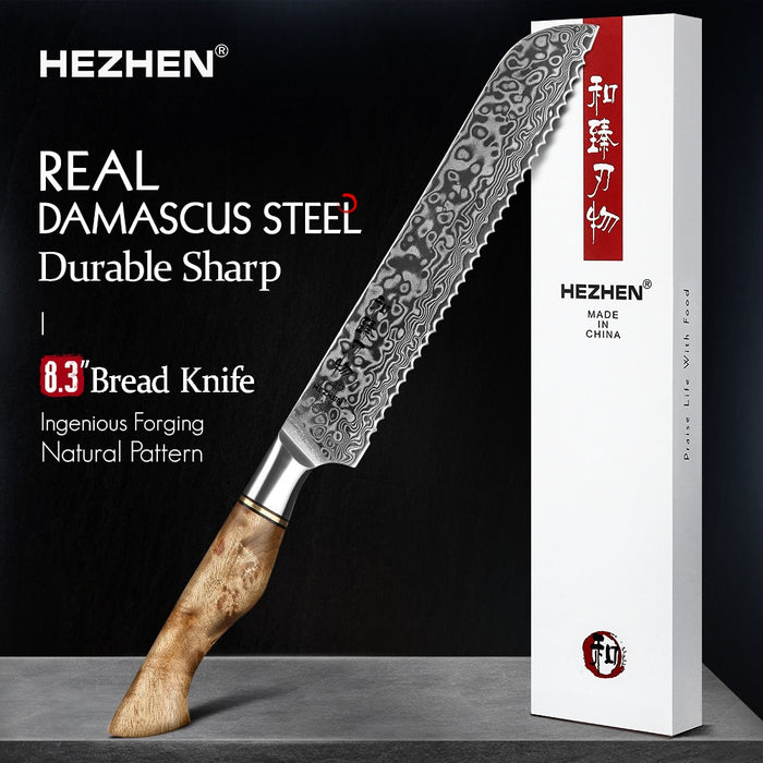 HEZHEN 8.3 Inch Bread Knife Real 67 Layer Damascus Steel Super Cook Knife Cut Cake Service Watermelon Sharp Kitchen Tools