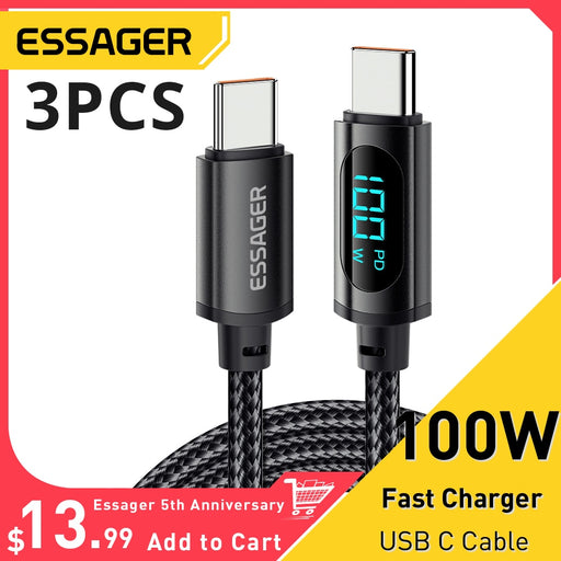 Essager 3PCS PD 100W USB Type C To USB C Cable Display 5A Fast Charging USB C Data Cord For Huawei Samsung Poco F3 Laptop iPad