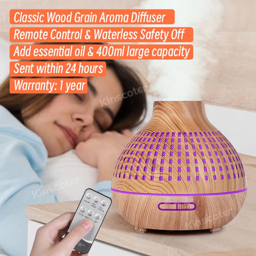 High Quality 400ml Aromatherapy Essential Oil Diffuser Wood Grain Remote Control Ultrasonic Air Humidifier with 7 Colors Light