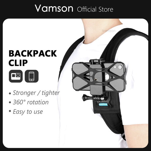 Vamson for iPhone 13 12 Samsung Xiaomi Huawei 360° Rotary Adjustable Phone Backpack Clip Holder Mount for GoPro Hero 10 9 Yi 4K