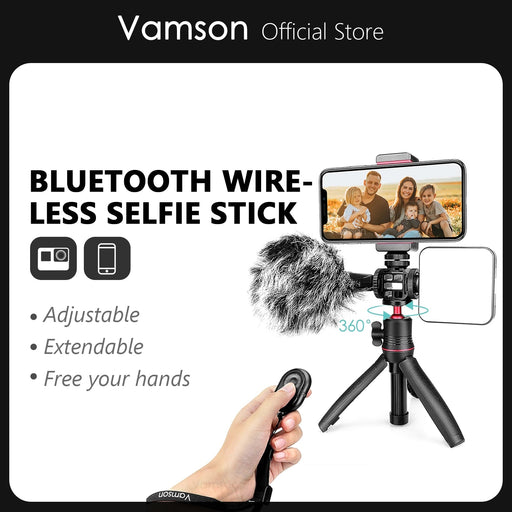 Vamson Bluetooth Wireless Selfie Stick Mini Tripod Monopod with Fill Light Remote Shutter for iPhone Samsung Android Live Vlog