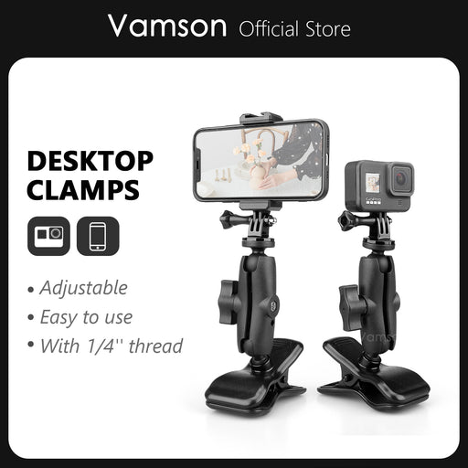 Vamson for Gopro Webcam Mount with 360°Ballhead 1/4”Thread for GoPro Hero 10 9 8 DJI Insta360 for Smartphones Desktop Clamps