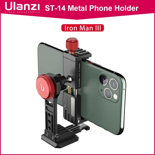 Ulanzi ST-14 Iron Man III Vertical Shooting Metal Smartphone Mount Holder Cold Shoe Tripod Mount for LED Light Mic Vlog Mount