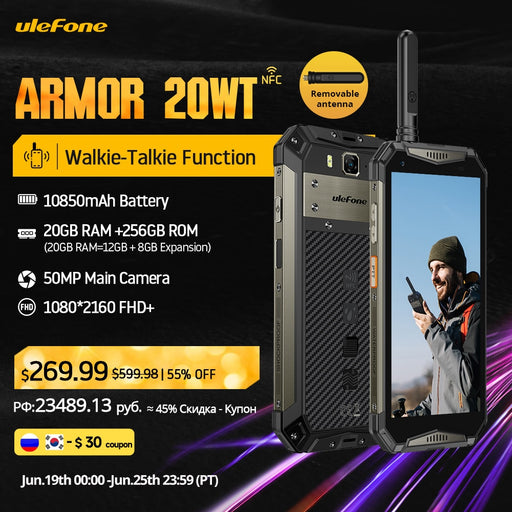（2023 New）Ulefone Armor 20WT Rugged Waterproof Smartphone DMR Walkie-Talkie 10850mAh Mobile Phones 20GB+256GB Android Phone
