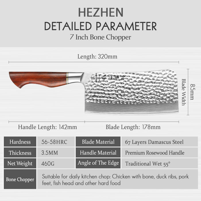 HEZHEN 6.8 Inches Bone Chopper Knife 67 Layers Damascus Steel 7Cr17MoV Core Kitchen Slice Knives For Meat